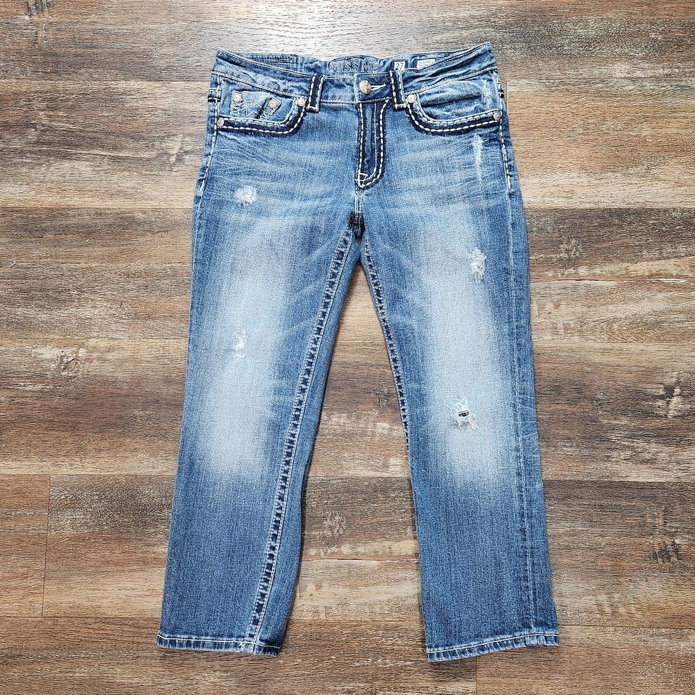 Miss Me Y2K Thick Stitch Boyfriend Distressed Denim Straight Leg Cropped Jeans